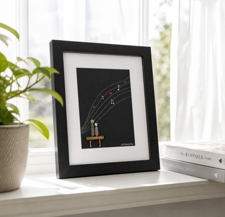 Pentru EA - Tablou Love Notes cuplu muzica pietricele naturale fundal negru Pebble Art cadou romantic ArtMyWay