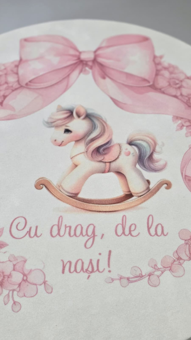 Cutie, catifea, pentru trusou botez, imprimat color - model ,, Căluț balansoar ” [2]