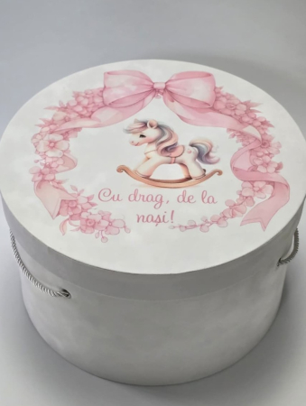 CUTII CATIFEA - Cutie, catifea, pentru trusou botez, imprimat color - model ,, Căluț balansoar ”
