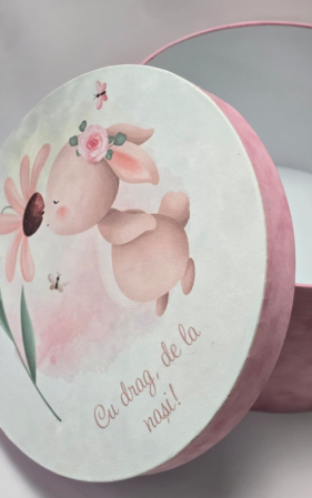 Cutie, catifea, pentru trusou botez, imprimat color -  model Iepuraș [1]