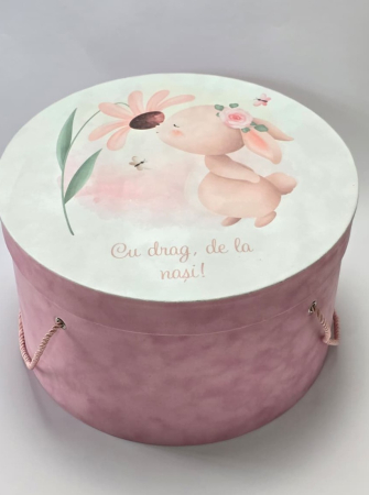 CUTII CATIFEA - Cutie, catifea, pentru trusou botez, imprimat color -  model Iepuraș