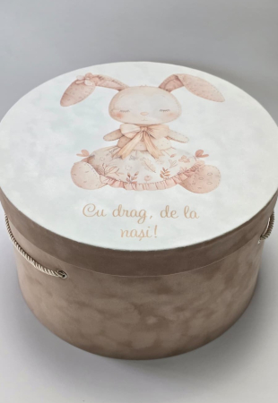 CUTII CATIFEA - Cutie, catifea, pentru trusou botez, imprimat color - model ,, Iepuraș”