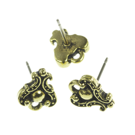 Accesorii metalice - Baza cercei cu pin, aliaj placat cu aur antichizat, 10x9 mm, gros. 2 mm