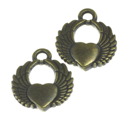 Accesorii metalice - Charm aripi de inger cu inimioara, aliaj placat cu alama antichizata, 17x15 mm, gros. 3 mm