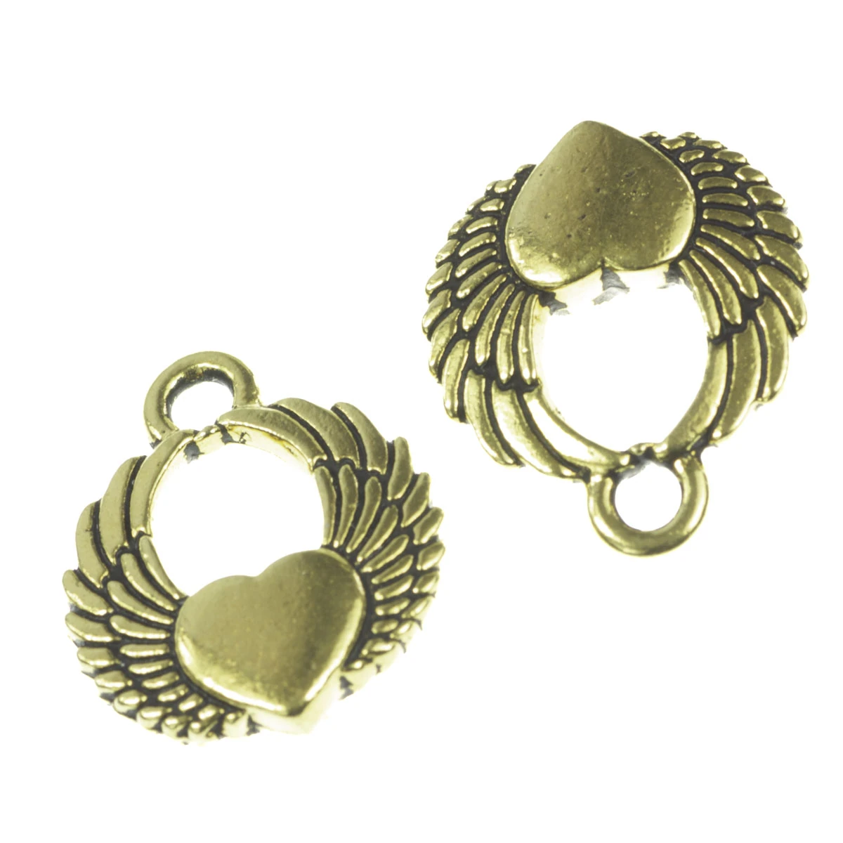 Charm-uri - Charm aripi de inger cu inimioara, aliaj placat cu aur antichizat, 17x15 mm, gros. 3 mm