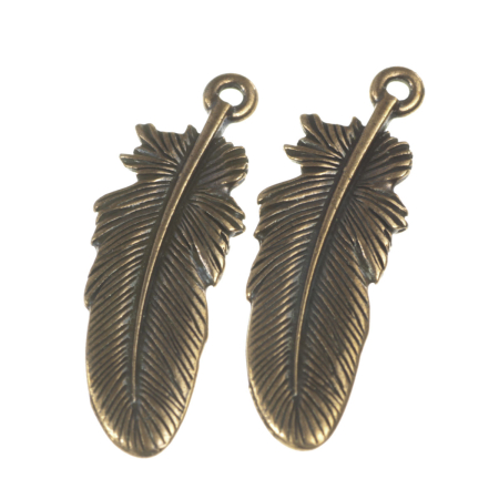 Accesorii metalice - Charm pana, aliaj placat cupru antichizat, 29x9 mm, gros. 2 mm