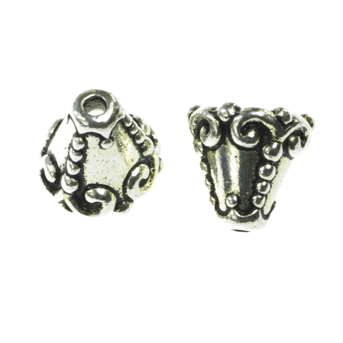 Inchizatori, terminatii lant, conuri - Con, aliaj placat argint antichizat, D 9 mm, H 9 mm, orif. 1 mm