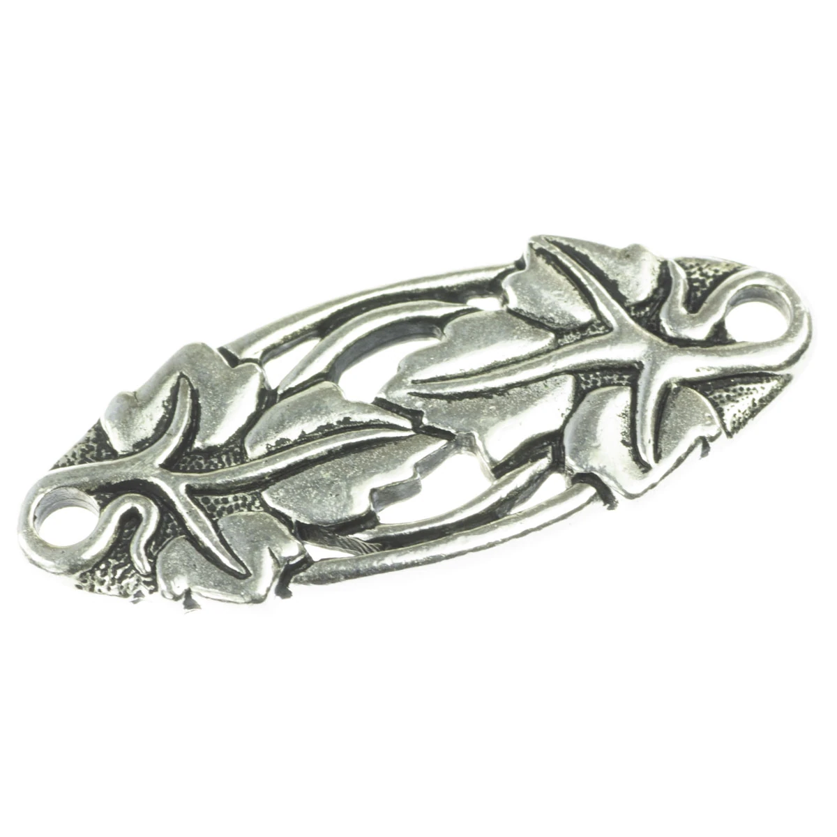 Conectori, link-uri si tuburi - Link motiv frunza, aliaj placat argint antichizat, 33x13 mm, gros. 2 mm, orif. 2 mm