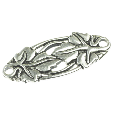 Accesorii metalice - Link motiv frunza, aliaj placat argint antichizat, 33x13 mm, gros. 2 mm, orif. 2 mm