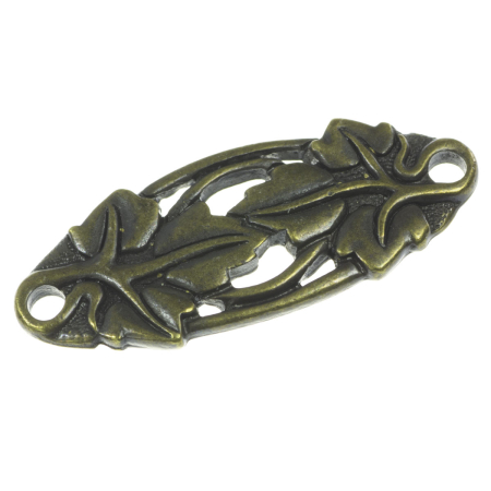 Accesorii metalice - Link motiv frunza, aliaj placat cu alama antichizata, 33x13 mm, gros. 2 mm, orif. 2 mm