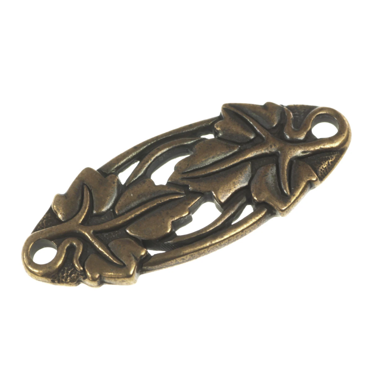 Conectori, link-uri si tuburi - Link motiv frunza, aliaj placat cupru antichizat, 33x13 mm, gros. 2 mm, orif. 2 mm