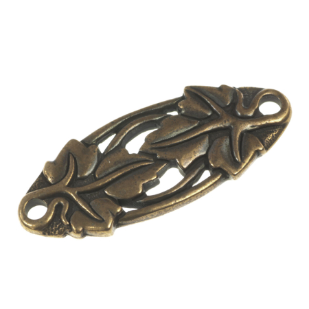 Accesorii metalice - Link motiv frunza, aliaj placat cupru antichizat, 33x13 mm, gros. 2 mm, orif. 2 mm