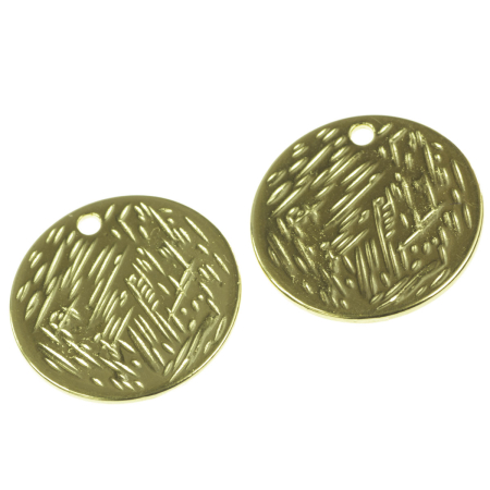 Accesorii metalice - Pandantiv banut texturat, zamac placat cu aur, D 20 mm, gros. 1 mm