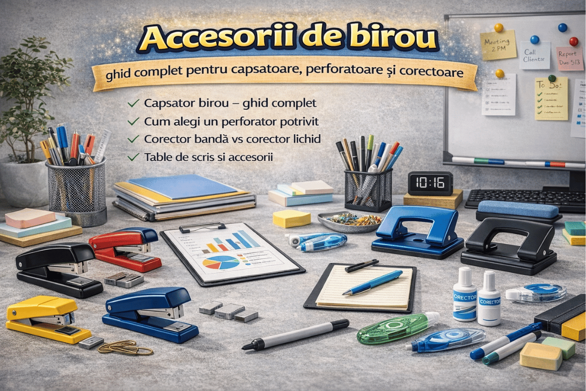 Accesorii de birou – ghid complet pentru capsatoare, perforatoare, corectoare și table de scris