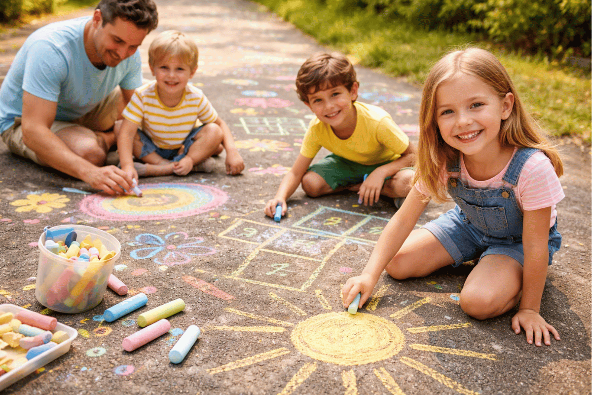Cretă colorată pentru asfalt – idei de jocuri și activități creative pentru copii