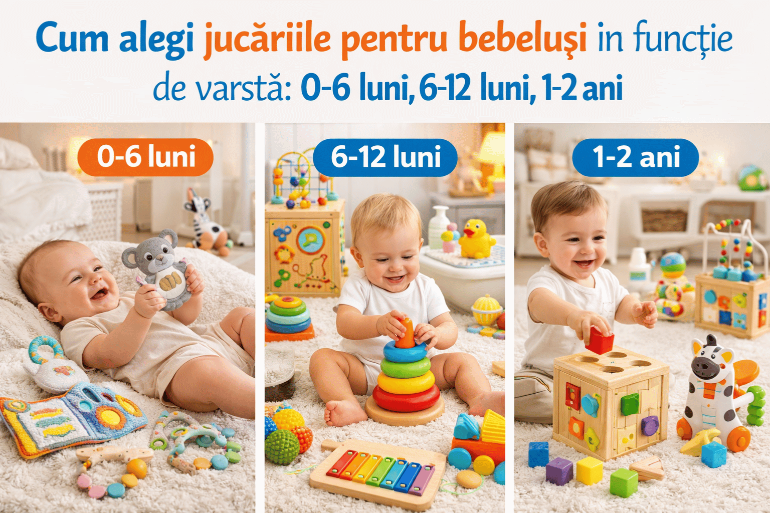 Cum alegi jucăriile pentru bebeluși în funcție de vârstă: 0-6 luni, 6-12 luni, 1-2 ani