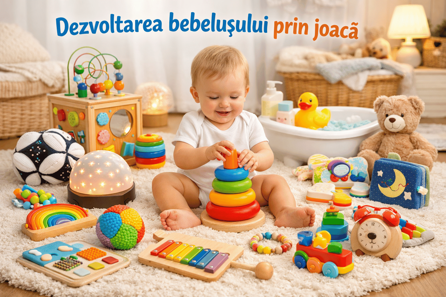 Dezvoltarea bebelușului prin joacă – ce jucării alegi pentru simțuri, motricitate, interacțiune și rutină