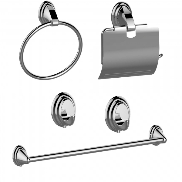 Oem Set 5 accesorii pentru baie, format din suport prosop tip bara, suport prosop tip inel, 2 cuiere si un suport pentru hartie igienica