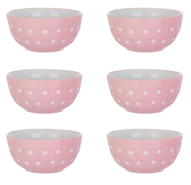 Oem Set format din 6 boluri de servit din ceramica pentru supa, de culoare roz cu buline albe, 680 ml