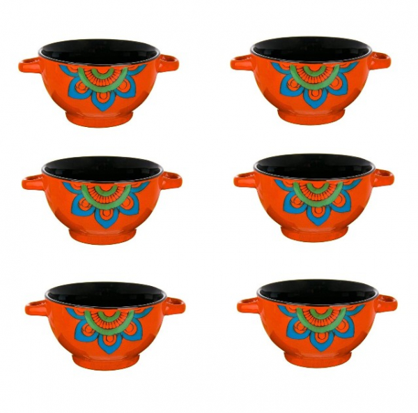 6 boluri de servit din ceramica pentru supa, cu manere, de culoare portocaliu, 650 ml
