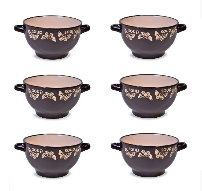 6 boluri de servit din ceramica pentru supa, cu manere, model cu fluturi, 650 ml