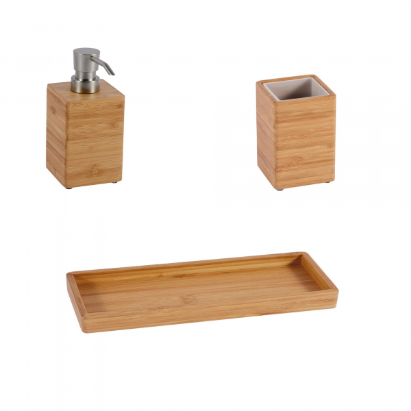 Set accesorii din bambus pentru baie, dozator sapun lichid, pahar si savoniera