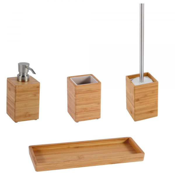 Set accesorii din bambus pentru baie, dozator sapun lichid, pahar, savoniera si perie toaleta
