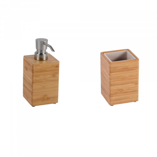 Set accesorii din bambus pentru baie, dozator sapun lichid si pahar