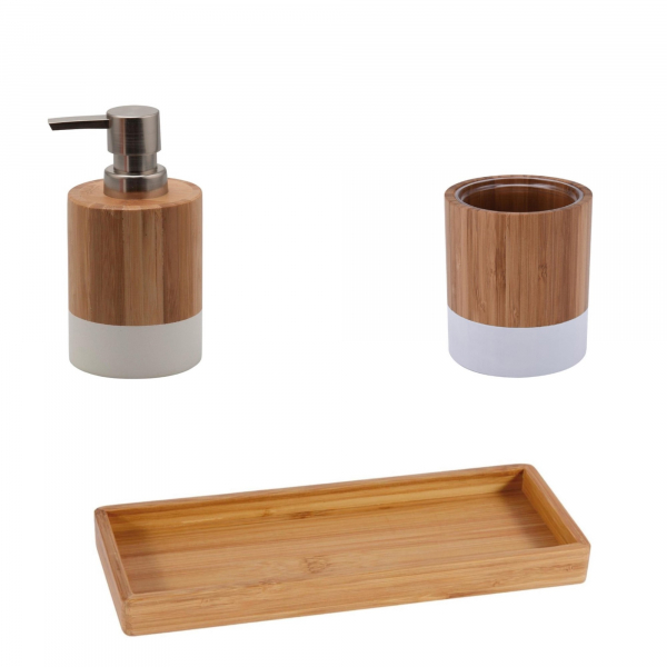 Set accesorii din bambus pentru baie, dozator sapun lichid, pahar si savoniera, alb natur