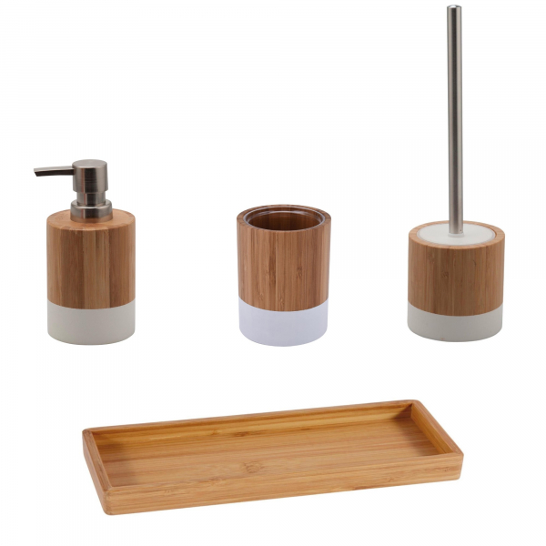 Set accesorii din bambus pentru baie, dozator sapun lichid, pahar, savoniera si perie toaleta, alb natur