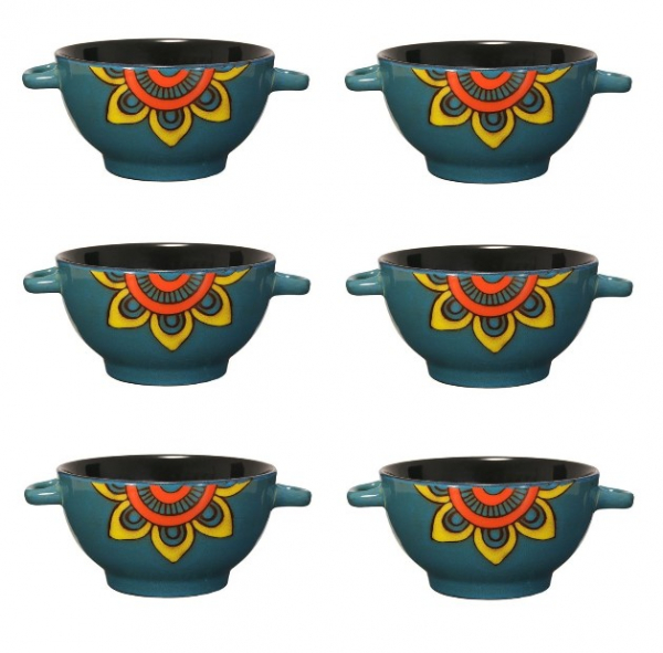 Oem 6 boluri de servit din ceramica pentru supa, cu manere, de culoare albastru cu model floral, 650 ml
