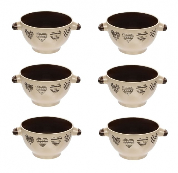 6 boluri de servit din ceramica pentru supa, cu manere, de culoare bej model cu inimi, 650 ml