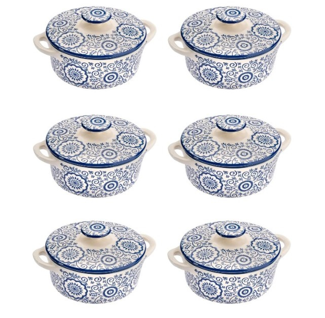 Oem Set format din 6 boluri de servit din ceramica cu manere si capac pentru supa, alb-albastru, 600 ml