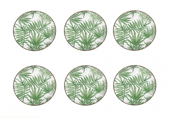Set 6 farfurii pentru servire din portelan cu design frunze tropicale, 19 cm