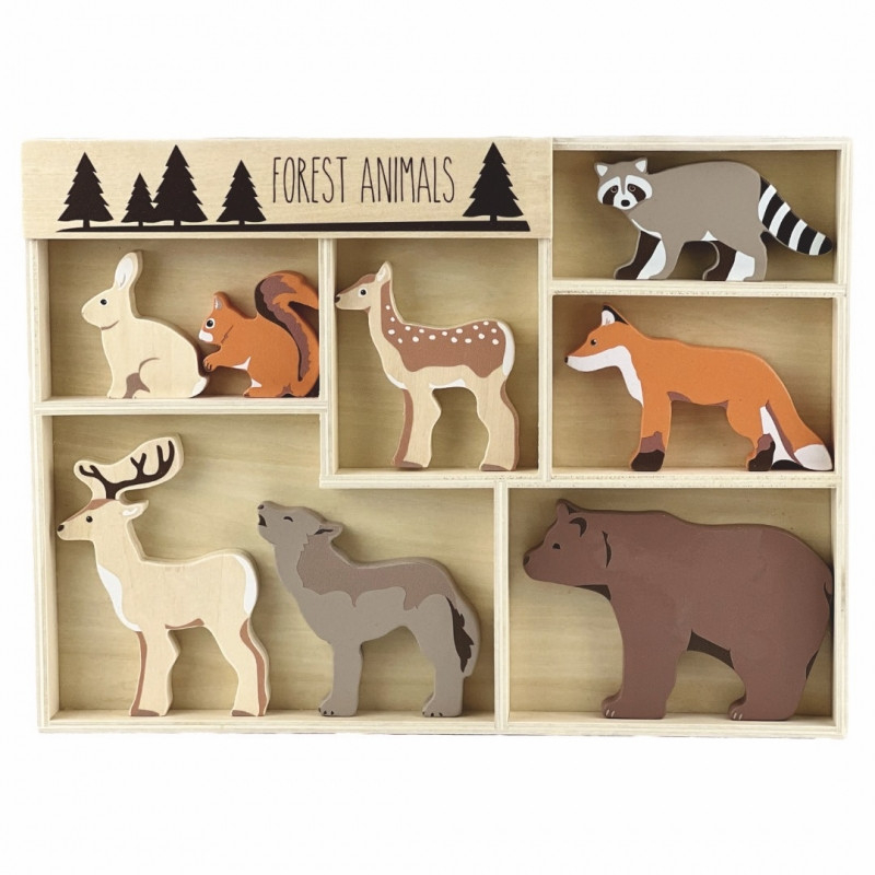 Set 8 animale de padure din lemn in cutie compartimentata,30x22x2 cm