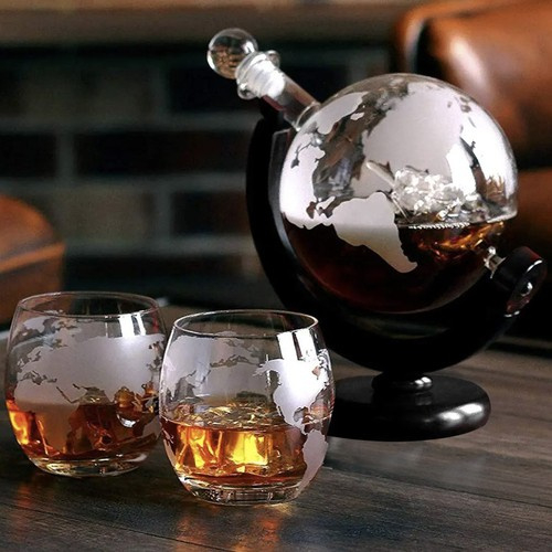 Decantor Whisky în Formă de Glob – Set cu 2 Pahare și Accesorii, Suport Lemn [4]