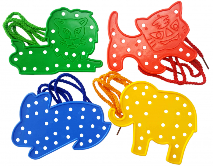 Figurine animale cu perforatii si snur,plastic,multicolor,4 bucati set