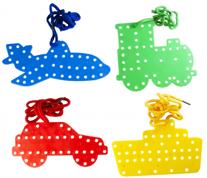 Figurine masini cu perforatii si snur,plastic,multicolor,4 bucati set