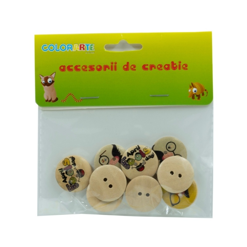 Accesorii creatie ,   nasturi din lemn 25 mm, natur cu modele mustata  ochelari, set 10 bucati