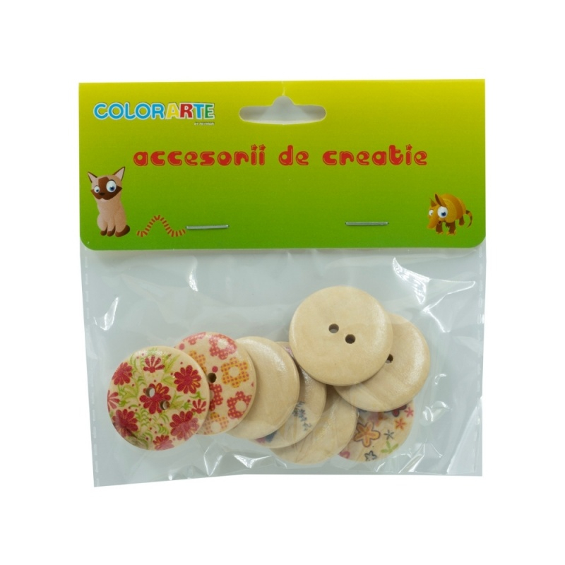 Accesorii creatie ,   nasturi din lemn 30 mm, natur cu modele flori, set 8 bucati