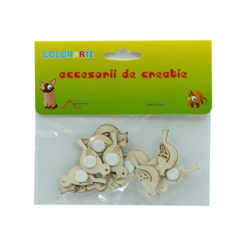Accesorii creatie ,   pasari din lemn, cu adeziv, set 12 bucati