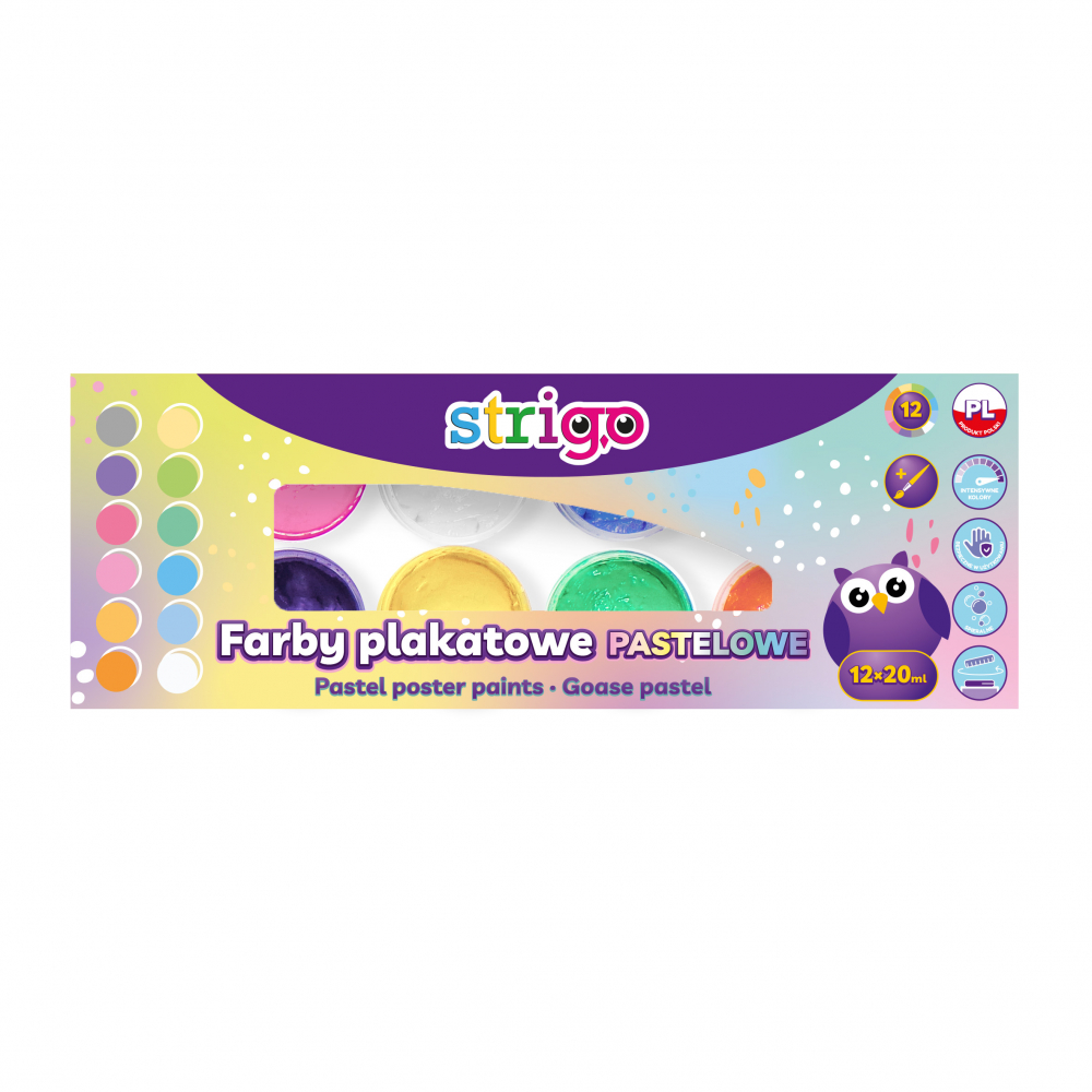Acuarele Guase Strigo in borcanel, culori pastelate,12 culori x 20 ml, cu pensula