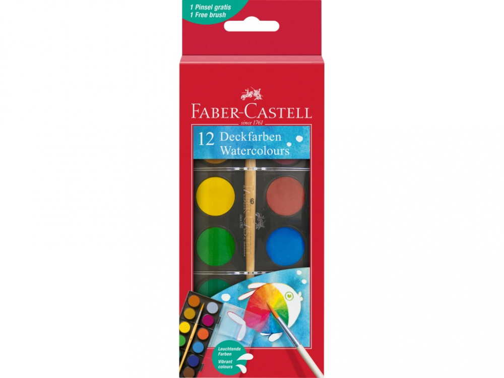 Acuarele Faber-Castell 12 culori, pastila 24 mm + pensula