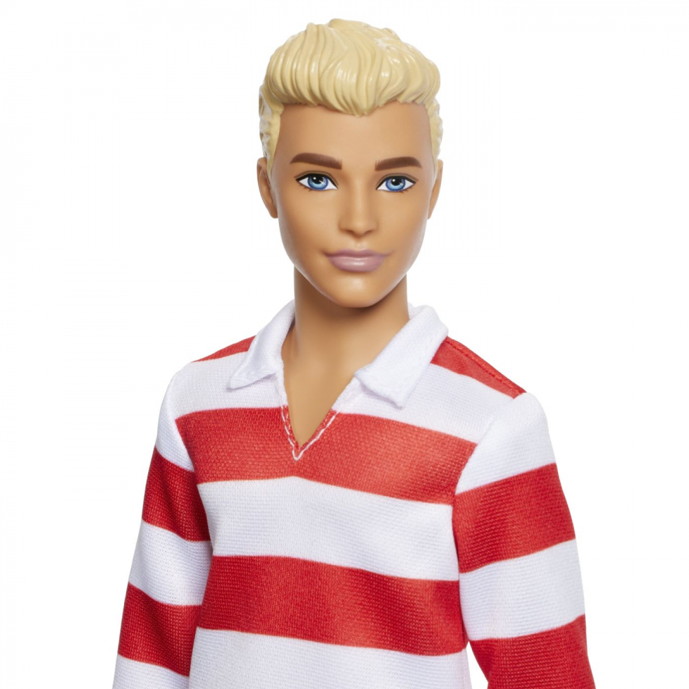 BARBIE FASHIONISTAS PAPUSA KEN BLOND CU BLUZA POLO DUNGI ROSII ALBE [2]