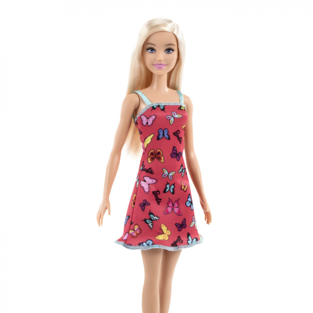 BARBIE PAPUSA CLASICA BLONDA CU ROCHITA ROZ CU IMPRIMEU CU FLUTURI [4]