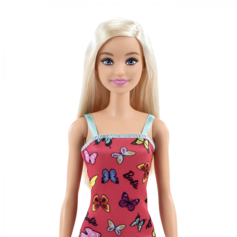 BARBIE PAPUSA CLASICA BLONDA CU ROCHITA ROZ CU IMPRIMEU CU FLUTURI [3]