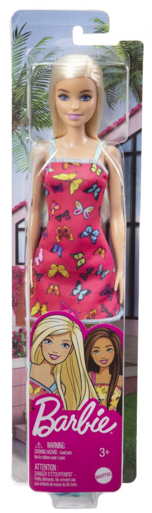 BARBIE PAPUSA CLASICA BLONDA CU ROCHITA ROZ CU IMPRIMEU CU FLUTURI [1]