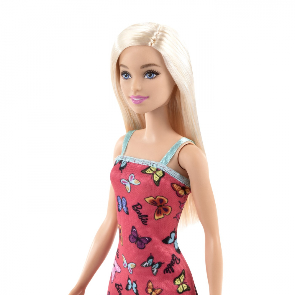 BARBIE PAPUSA CLASICA BLONDA CU ROCHITA ROZ CU IMPRIMEU CU FLUTURI [5]