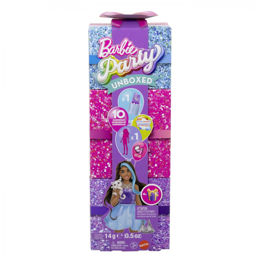 BARBIE SET PARTY UNBOXED REVEAL PAPUSA BARBIE VIOLET CU 10 ACCESORII SURPRIZA [1]