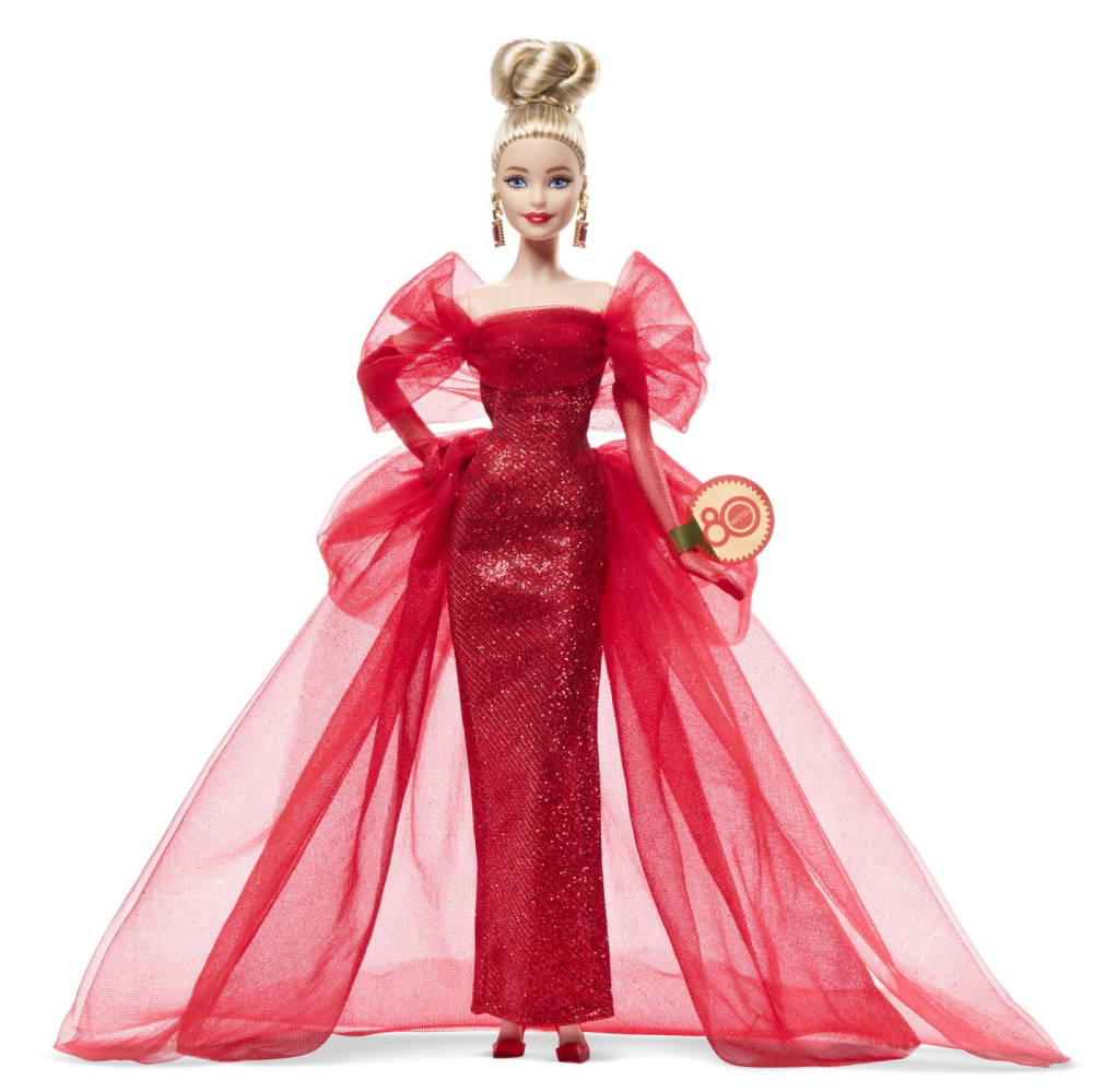 BARBIE SIGNATURE ANIVERSARE 80 DE ANI PAPUSA BARBIE BLONDA CU ROCHIE DE BAL ROSIE [2]